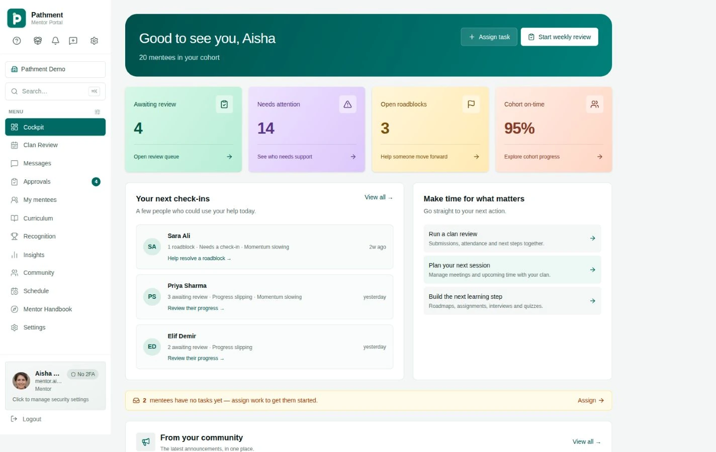 The real Pathment mentor dashboard showing review queues, roadblocks, cohort progress, and mentee check-ins.